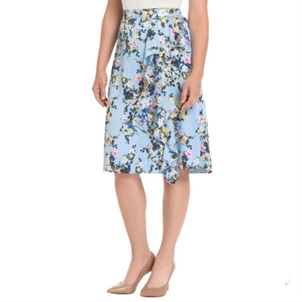 Ted Baker Elegant Side Ruffle Midi Skirt Powder Blue Floral Women's Size XXL NWT